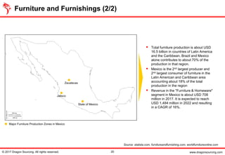 www.dragonsourcing.com
Furniture and Furnishings (2/2)
© 2017 Dragon Sourcing. All rights reserved. 20
▪ Total furniture production is about USD
16.5 billion in countries of Latin America
and the Caribbean. Brazil and Mexico
alone contributes to about 70% of the
production in that region.
▪ Mexico is the 2nd largest producer and
2nd largest consumer of furniture in the
Latin American and Caribbean area
accounting about 18% of the total
production in the region
▪ Revenue in the "Furniture & Homeware"
segment in Mexico is about USD 708
million in 2017. It is expected to reach
USD 1,484 million in 2022 and resulting
in a CAGR of 16%.
Major Furniture Production Zones in Mexico
Source: statista.com, furnitureandfurnishing.com, worldfurnitureonline.com
Jalisco
Zacatecas
State of Mexico
 