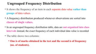 Ungrouped Frequency Distribution
• It shows the frequency of an item in each separate data value rather than
groups of data values.
• A frequency distribution produced whenever observations are sorted into
classes of single values.
• In an ungrouped frequency distribution table, data are not organized into class
intervals instead, the exact frequency of each individual data value is recorded
• The table shows two columns:
• One is of marks obtained in the test and the second is of frequency
(no. of students).
 