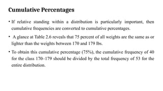 Cumulative Percentages
• If relative standing within a distribution is particularly important, then
cumulative frequencies are converted to cumulative percentages.
• A glance at Table 2.6 reveals that 75 percent of all weights are the same as or
lighter than the weights between 170 and 179 lbs.
• To obtain this cumulative percentage (75%), the cumulative frequency of 40
for the class 170–179 should be divided by the total frequency of 53 for the
entire distribution.
 