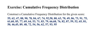 Exercise: Cumulative Frequency Distribution
Construct a Cumulative Frequency Distribution for the given score:
55, 62, 47, 88, 90, 78, 84, 67, 74, 92,58, 80, 63, 70, 49, 86, 73, 91, 75,
61,60, 85, 77, 69, 64, 53, 71, 83, 79, 66,68, 76, 82, 87, 59, 52, 65, 81,
50, 46,45, 89, 48, 72, 54, 56, 62, 57, 93, 95
 