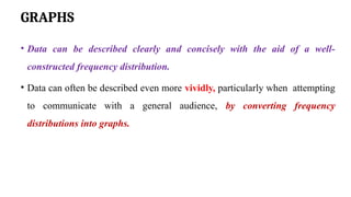 GRAPHS
• Data can be described clearly and concisely with the aid of a well-
constructed frequency distribution.
• Data can often be described even more vividly, particularly when attempting
to communicate with a general audience, by converting frequency
distributions into graphs.
 