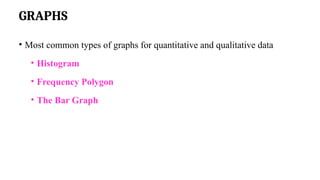 GRAPHS
• Most common types of graphs for quantitative and qualitative data
• Histogram
• Frequency Polygon
• The Bar Graph
 