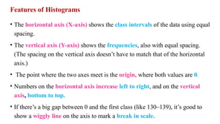 Features of Histograms
• The horizontal axis (X-axis) shows the class intervals of the data using equal
spacing.
• The vertical axis (Y-axis) shows the frequencies, also with equal spacing.
(The spacing on the vertical axis doesn’t have to match that of the horizontal
axis.)
• The point where the two axes meet is the origin, where both values are 0.
• Numbers on the horizontal axis increase left to right, and on the vertical
axis, bottom to top.
• If there’s a big gap between 0 and the first class (like 130–139), it’s good to
show a wiggly line on the axis to mark a break in scale.
 