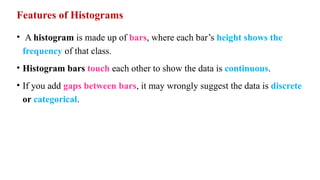 Features of Histograms
• A histogram is made up of bars, where each bar’s height shows the
frequency of that class.
• Histogram bars touch each other to show the data is continuous.
• If you add gaps between bars, it may wrongly suggest the data is discrete
or categorical.
 