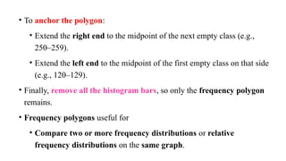 • To anchor the polygon:
• Extend the right end to the midpoint of the next empty class (e.g.,
250–259).
• Extend the left end to the midpoint of the first empty class on that side
(e.g., 120–129).
• Finally, remove all the histogram bars, so only the frequency polygon
remains.
• Frequency polygons useful for
• Compare two or more frequency distributions or relative
frequency distributions on the same graph.
 