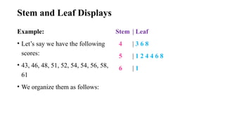 Stem and Leaf Displays
Example:
• Let’s say we have the following
scores:
• 43, 46, 48, 51, 52, 54, 54, 56, 58,
61
• We organize them as follows:
Stem | Leaf
4 | 3 6 8
5 | 1 2 4 4 6 8
6 | 1
 