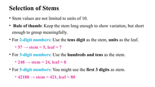 Selection of Stems
• Stem values are not limited to units of 10.
• Rule of thumb: Keep the stem long enough to show variation, but short
enough to group meaningfully.
• For 2-digit numbers: Use the tens digit as the stem, units as the leaf.
• 57 → stem = 5, leaf = 7
• For 3-digit numbers: Use the hundreds and tens as the stem.
• 248 → stem = 24, leaf = 8
• For 5-digit numbers: You might use the first 3 digits as stem.
• 42188 → stem = 421, leaf = 88
 
