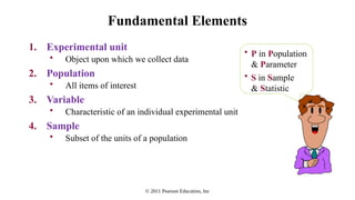 © 2011 Pearson Education, Inc
Fundamental Elements
1. Experimental unit
• Object upon which we collect data
2. Population
• All items of interest
3. Variable
• Characteristic of an individual experimental unit
4. Sample
• Subset of the units of a population
• P in Population
& Parameter
• S in Sample
& Statistic
 
