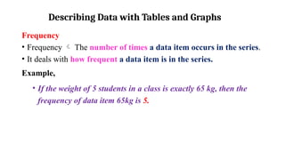 Describing Data with Tables and Graphs
Frequency
• Frequency  The number of times a data item occurs in the series.
• It deals with how frequent a data item is in the series.
Example,
• If the weight of 5 students in a class is exactly 65 kg, then the
frequency of data item 65kg is 5.
 