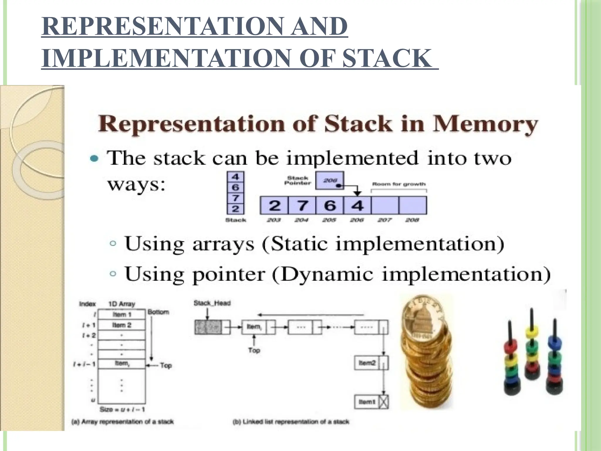 REPRESENTATION AND
IMPLEMENTATION OF STACK
 