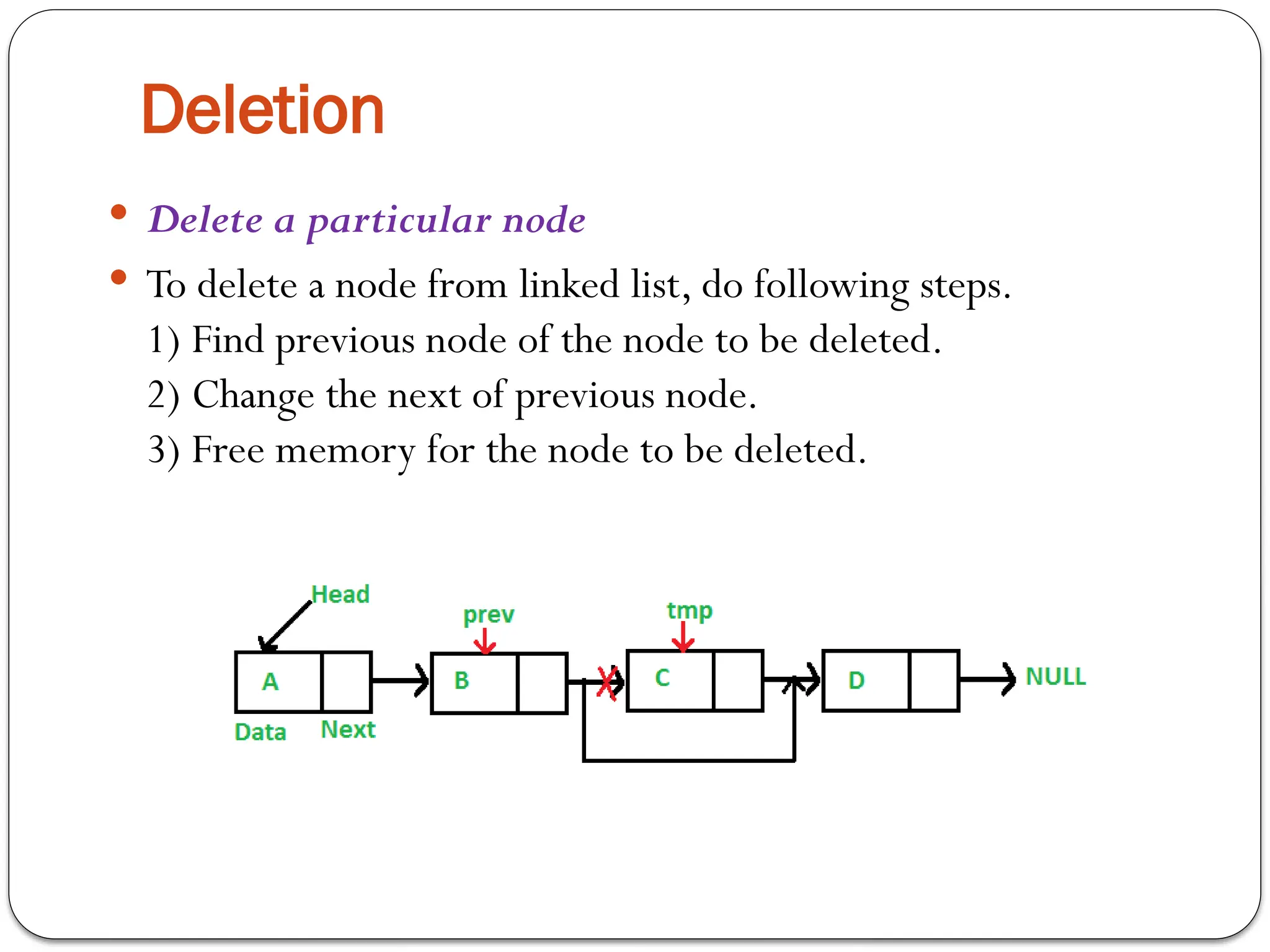 Deletion
 Delete a particular node
 To delete a node from linked list, do following steps.
1) Find previous node of the node to be deleted.
2) Change the next of previous node.
3) Free memory for the node to be deleted.
 