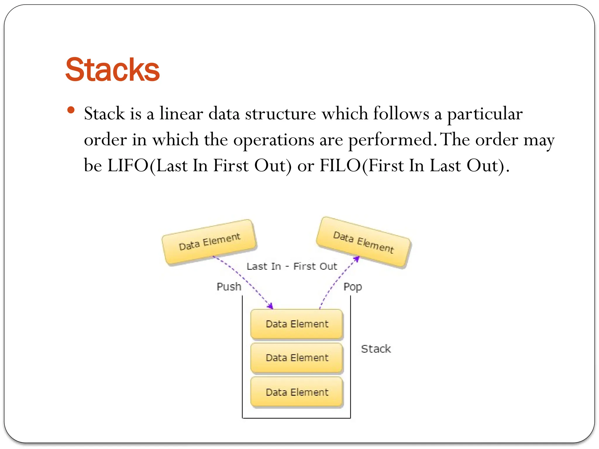 Stacks
 Stack is a linear data structure which follows a particular
order in which the operations are performed.The order may
be LIFO(Last In First Out) or FILO(First In Last Out).
 