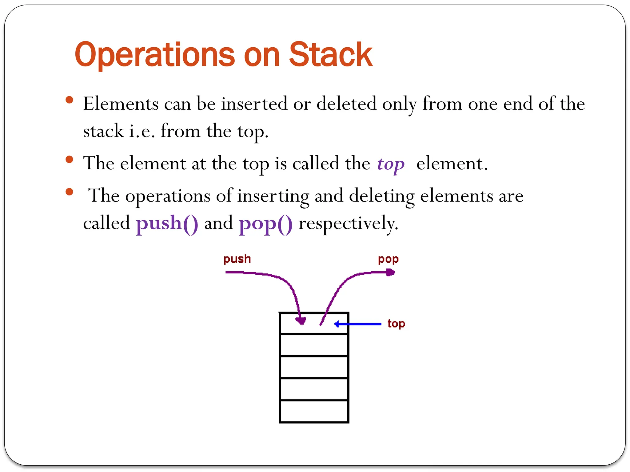 Operations on Stack
 Elements can be inserted or deleted only from one end of the
stack i.e. from the top.
 The element at the top is called the top element.
 The operations of inserting and deleting elements are
called push() and pop() respectively.
 