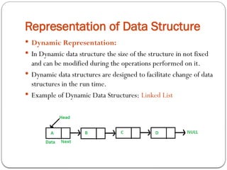 Representation of Data Structure
 Dynamic Representation:
 In Dynamic data structure the size of the structure in not fixed
and can be modified during the operations performed on it.
 Dynamic data structures are designed to facilitate change of data
structures in the run time.
 Example of Dynamic Data Structures: Linked List
 