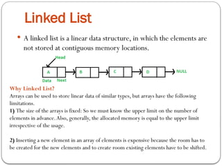 Linked List
 A linked list is a linear data structure, in which the elements are
not stored at contiguous memory locations.
Why Linked List?
Arrays can be used to store linear data of similar types, but arrays have the following
limitations.
1) The size of the arrays is fixed: So we must know the upper limit on the number of
elements in advance.Also, generally, the allocated memory is equal to the upper limit
irrespective of the usage.
2) Inserting a new element in an array of elements is expensive because the room has to
be created for the new elements and to create room existing elements have to be shifted.
 