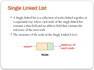  A Singly-linked list is a collection of nodes linked together in
a sequential way where each node of the singly linked list
contains a data field and an address field that contains the
reference of the next node
 The structure of the node in the Singly Linked List is
Single Linked List
 