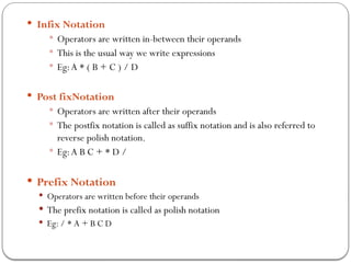  Infix Notation
 Operators are written in-between their operands
 This is the usual way we write expressions
 Eg:A * ( B + C ) / D
 Post fixNotation
 Operators are written after their operands
 The postfix notation is called as suffix notation and is also referred to
reverse polish notation.
 Eg:A B C + * D /
 Prefix Notation
 Operators are written before their operands
 The prefix notation is called as polish notation
 Eg: / * A + B C D
 