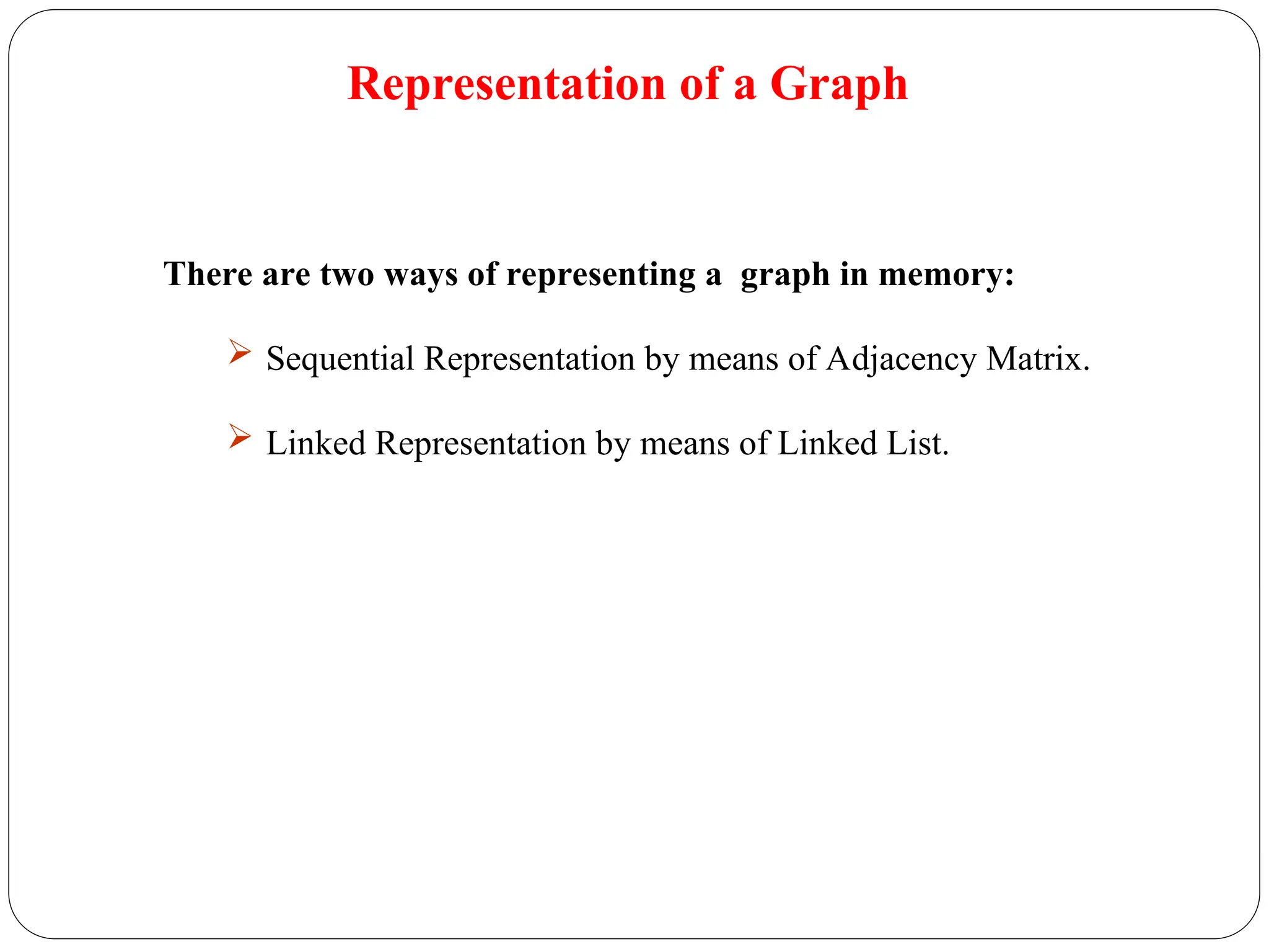 Representation of a Graph
There are two ways of representing a graph in memory:
 Sequential Representation by means of Adjacency Matrix.
 Linked Representation by means of Linked List.
 