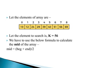 Let the elements of array are –
 Let the element to search is, K = 56
 We have to use the below formula to calculate
the mid of the array –
mid = (beg + end)/2
 
