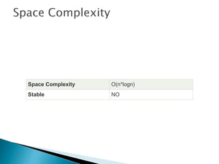 Space Complexity O(n*logn)
Stable NO
 