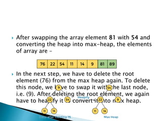  After swapping the array element 81 with 54 and
converting the heap into max-heap, the elements
of array are –
 In the next step, we have to delete the root
element (76) from the max heap again. To delete
this node, we have to swap it with the last node,
i.e. (9). After deleting the root element, we again
have to heapify it to convert it into max heap.
 