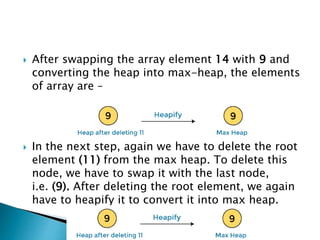  After swapping the array element 14 with 9 and
converting the heap into max-heap, the elements
of array are –
 In the next step, again we have to delete the root
element (11) from the max heap. To delete this
node, we have to swap it with the last node,
i.e. (9). After deleting the root element, we again
have to heapify it to convert it into max heap.
 