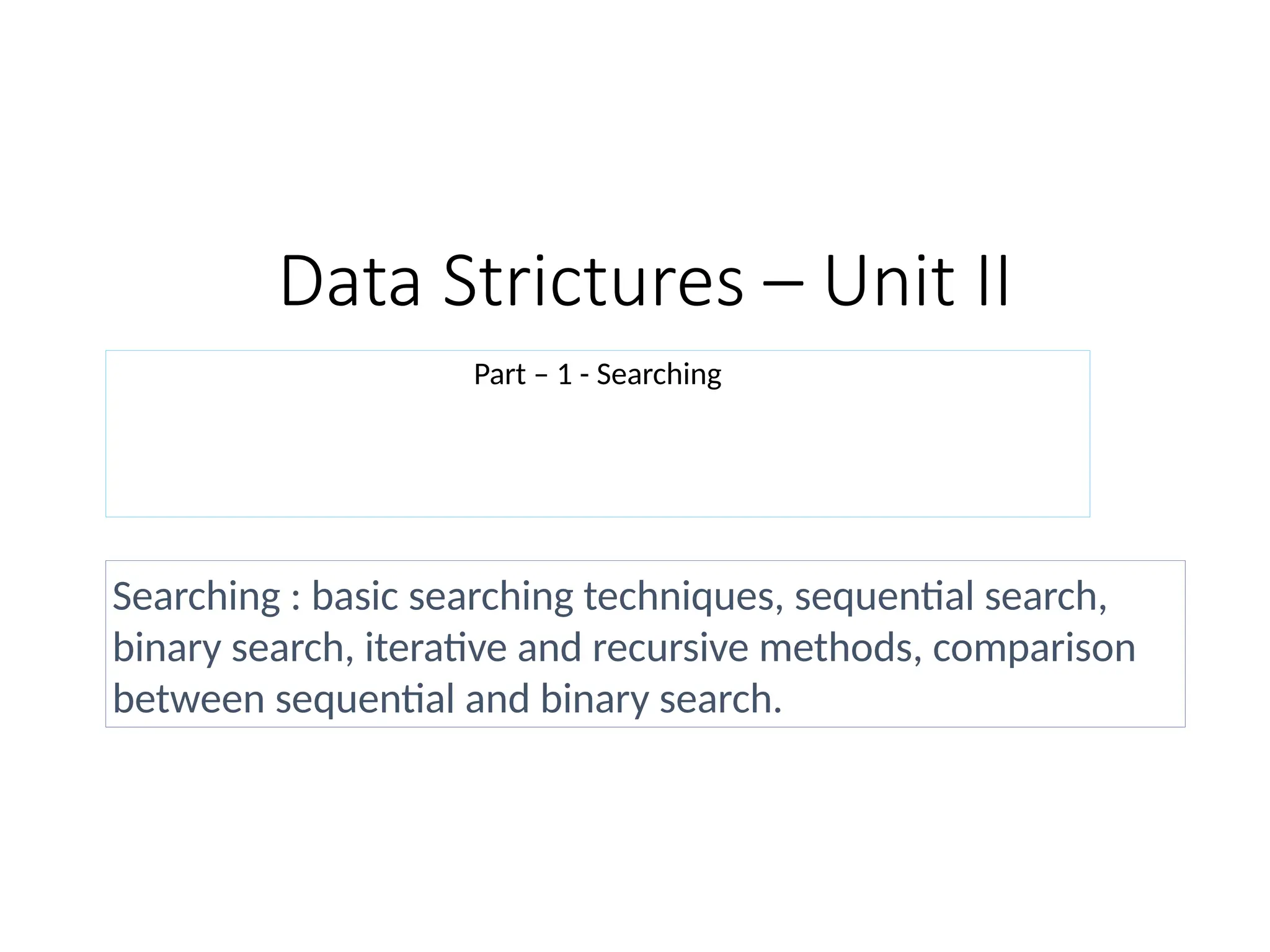 Data Strictures – Unit II
Part – 1 - Searching
Searching : basic searching techniques, sequential search,
binary search, iterative and recursive methods, comparison
between sequential and binary search.
 