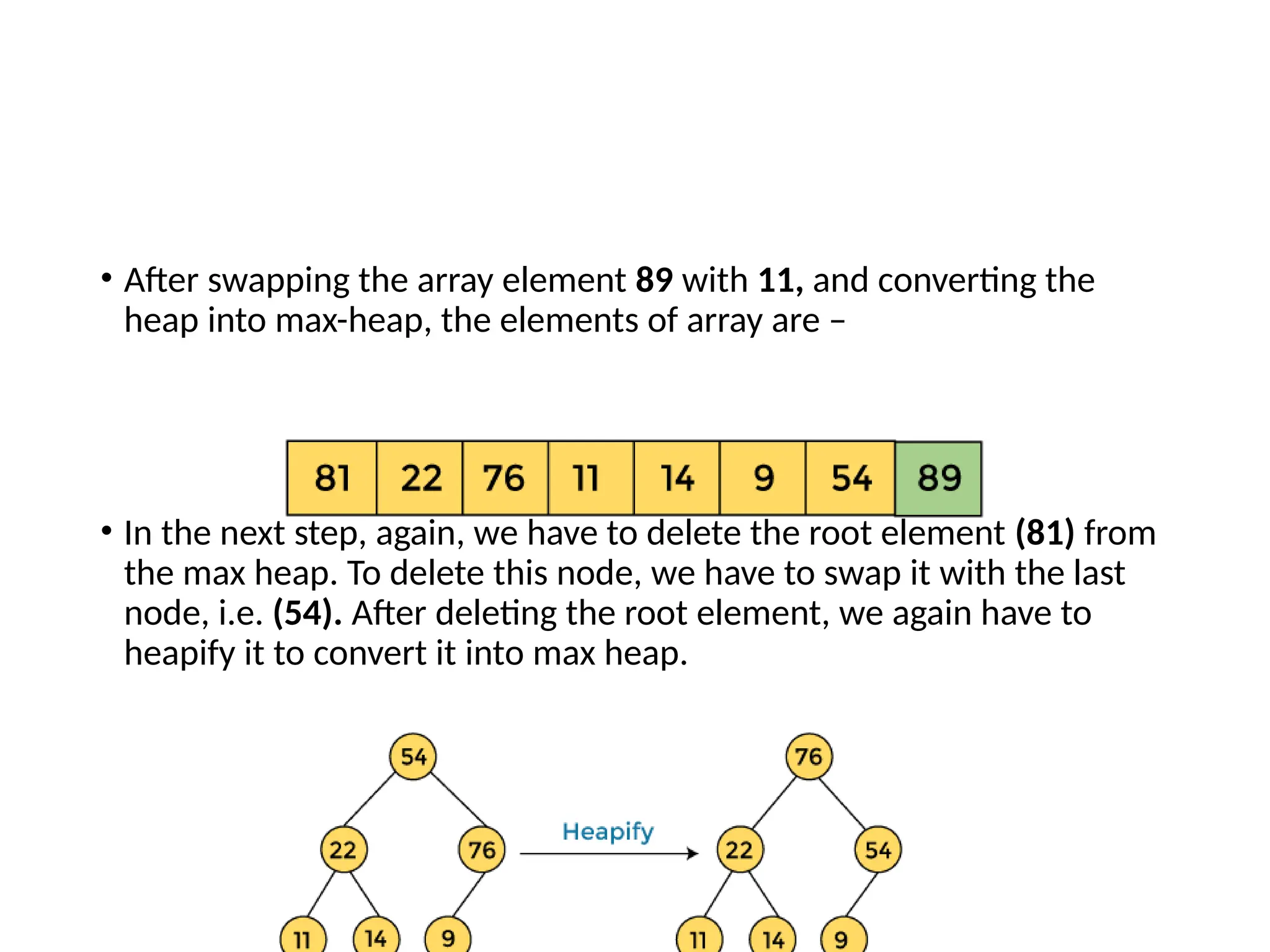 • After swapping the array element 89 with 11, and converting the
heap into max-heap, the elements of array are –
• In the next step, again, we have to delete the root element (81) from
the max heap. To delete this node, we have to swap it with the last
node, i.e. (54). After deleting the root element, we again have to
heapify it to convert it into max heap.
 