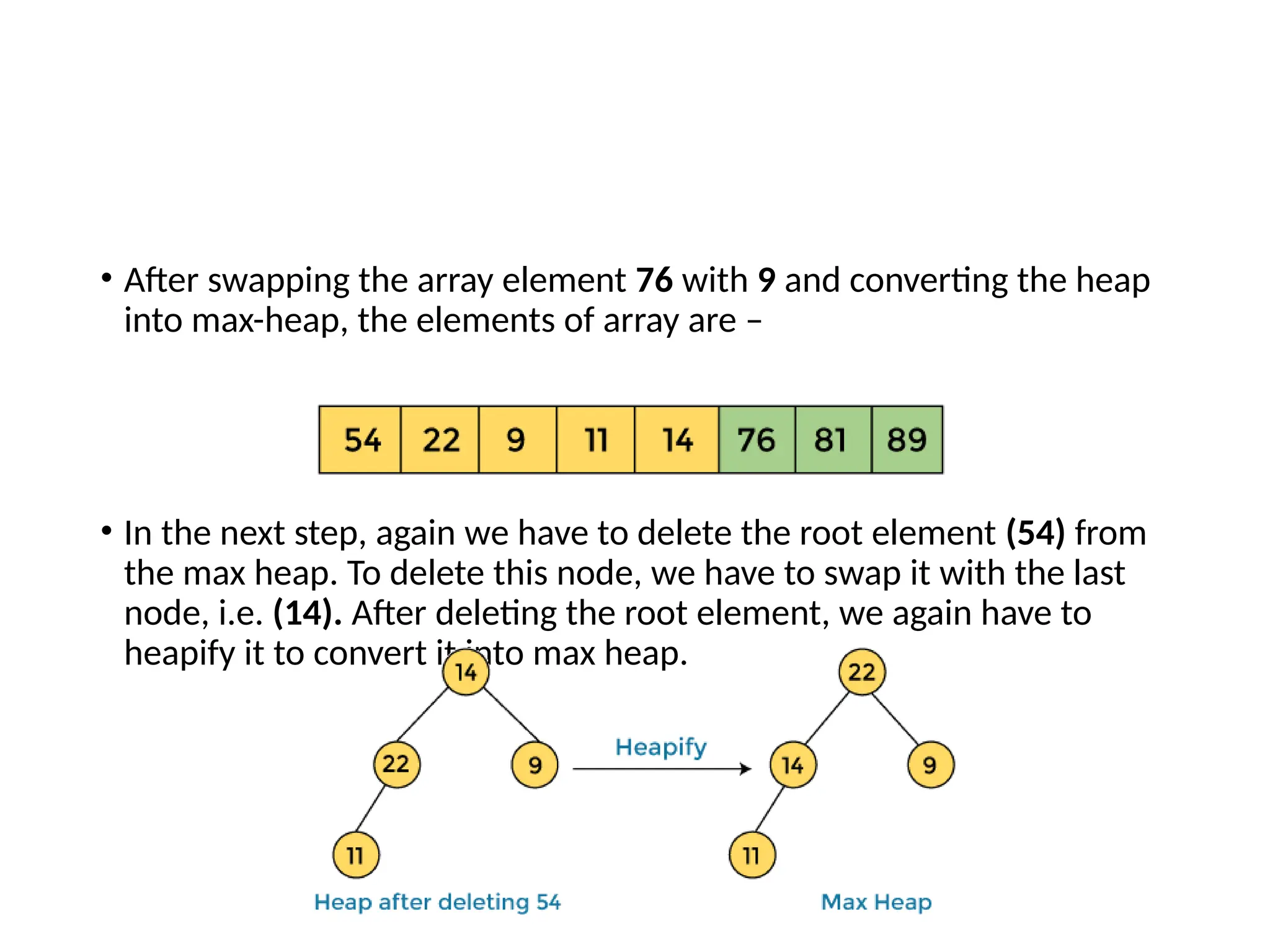 • After swapping the array element 76 with 9 and converting the heap
into max-heap, the elements of array are –
• In the next step, again we have to delete the root element (54) from
the max heap. To delete this node, we have to swap it with the last
node, i.e. (14). After deleting the root element, we again have to
heapify it to convert it into max heap.
 