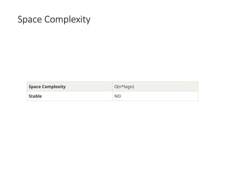 Space Complexity
Space Complexity O(n*logn)
Stable NO
 