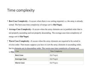 Time complexity
• Best Case Complexity - It occurs when there is no sorting required, i.e. the array is already
sorted. The best-case time complexity of merge sort is O(n*logn).
• Average Case Complexity - It occurs when the array elements are in jumbled order that is
not properly ascending and not properly descending. The average case time complexity of
merge sort is O(n*logn).
• Worst Case Complexity - It occurs when the array elements are required to be sorted in
reverse order. That means suppose you have to sort the array elements in ascending order,
but its elements are in descending order. The worst-case time complexity of merge sort
is O(n*logn).
Case Time Complexity
Best Case O(n*logn)
Average Case O(n*logn)
Worst Case O(n*logn)
 