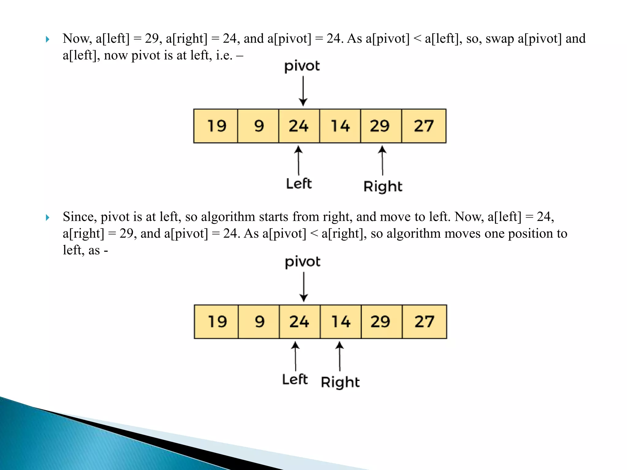  Now, a[left] = 29, a[right] = 24, and a[pivot] = 24. As a[pivot] < a[left], so, swap a[pivot] and
a[left], now pivot is at left, i.e. –
 Since, pivot is at left, so algorithm starts from right, and move to left. Now, a[left] = 24,
a[right] = 29, and a[pivot] = 24. As a[pivot] < a[right], so algorithm moves one position to
left, as -
 