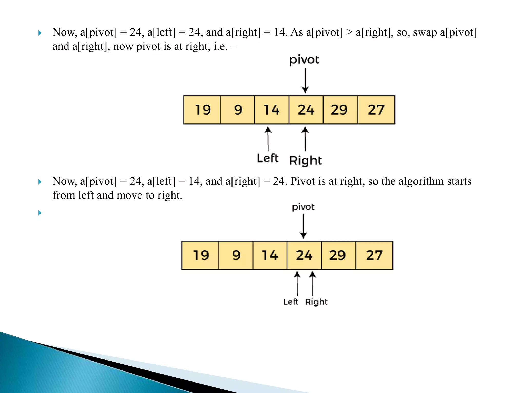 Now, a[pivot] = 24, a[left] = 24, and a[right] = 14. As a[pivot] > a[right], so, swap a[pivot]
and a[right], now pivot is at right, i.e. –
 Now, a[pivot] = 24, a[left] = 14, and a[right] = 24. Pivot is at right, so the algorithm starts
from left and move to right.

 