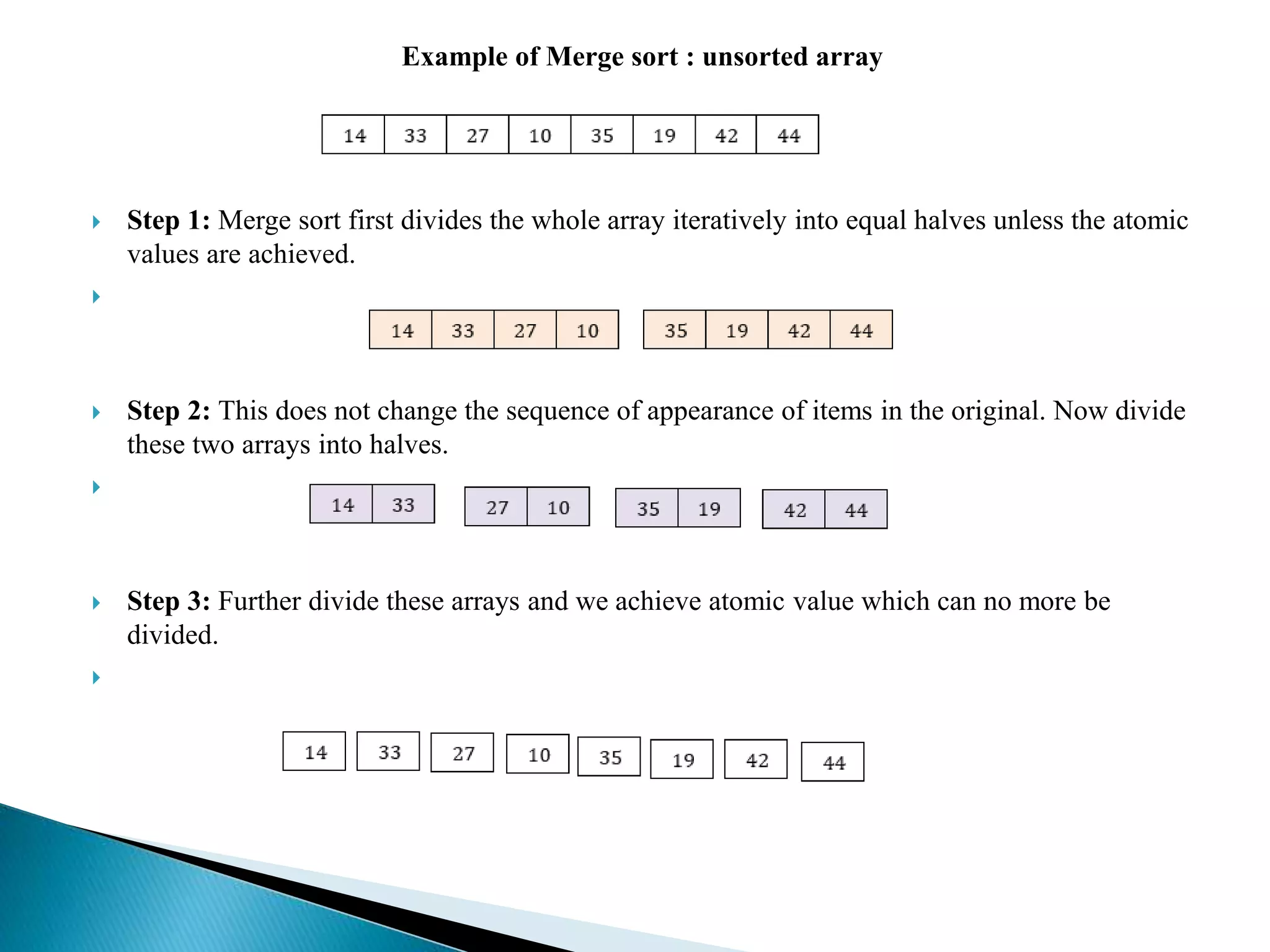 Example of Merge sort : unsorted array
 Step 1: Merge sort first divides the whole array iteratively into equal halves unless the atomic
values are achieved.

 Step 2: This does not change the sequence of appearance of items in the original. Now divide
these two arrays into halves.

 Step 3: Further divide these arrays and we achieve atomic value which can no more be
divided.

 