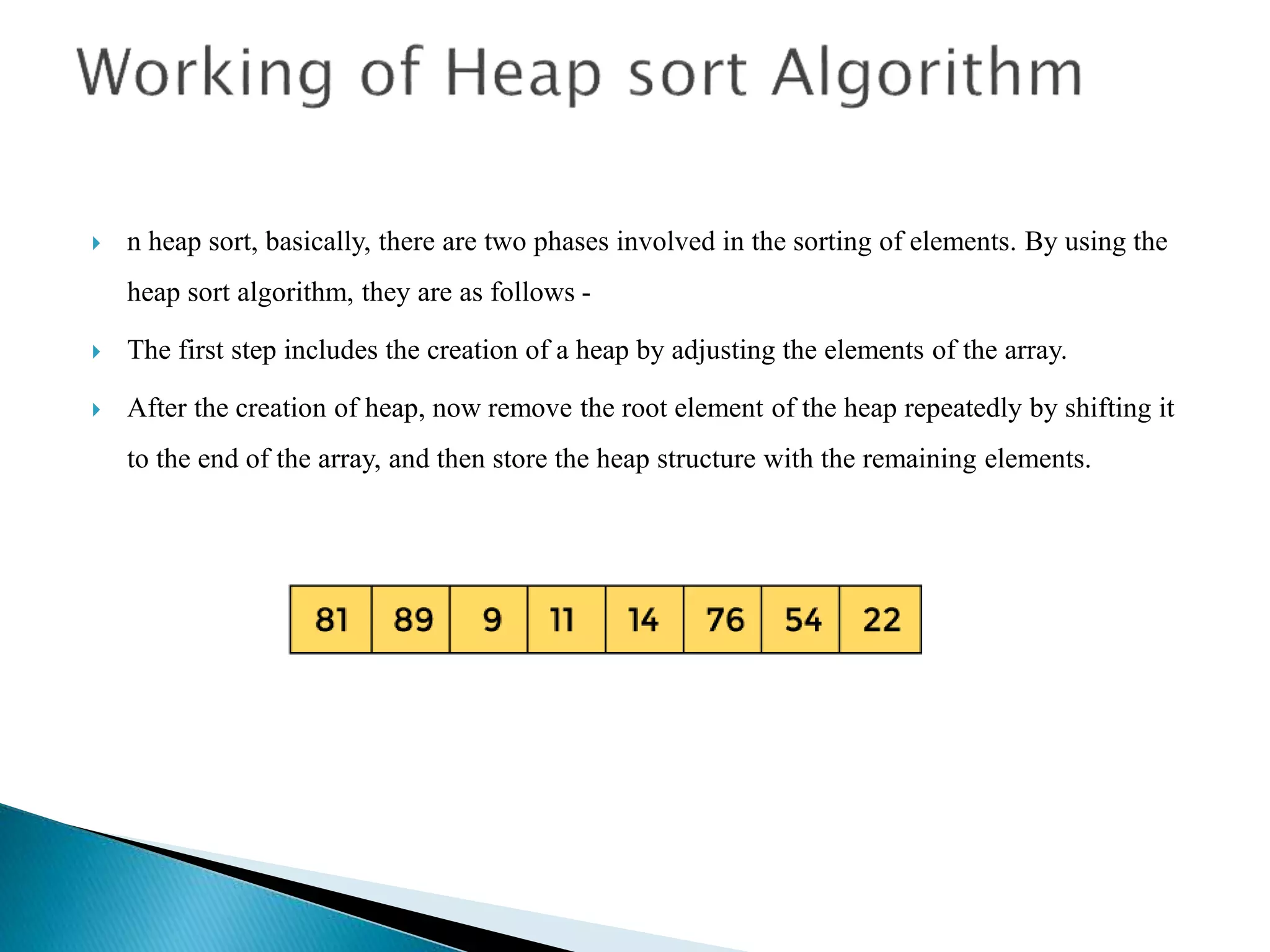  n heap sort, basically, there are two phases involved in the sorting of elements. By using the
heap sort algorithm, they are as follows -
 The first step includes the creation of a heap by adjusting the elements of the array.
 After the creation of heap, now remove the root element of the heap repeatedly by shifting it
to the end of the array, and then store the heap structure with the remaining elements.
 