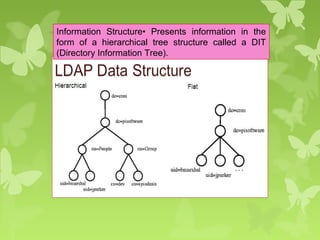 Information Structure• Presents information in the
form of a hierarchical tree structure called a DIT
(Directory Information Tree).
 