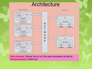 Vice process: Server s/w to run the user processes at server.
Venus process: Client s/w
 