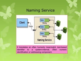 Naming Service
It translates an often humanly meaningful, text-based
identifier to a system-internal, often numeric
identification or addressing component.
 