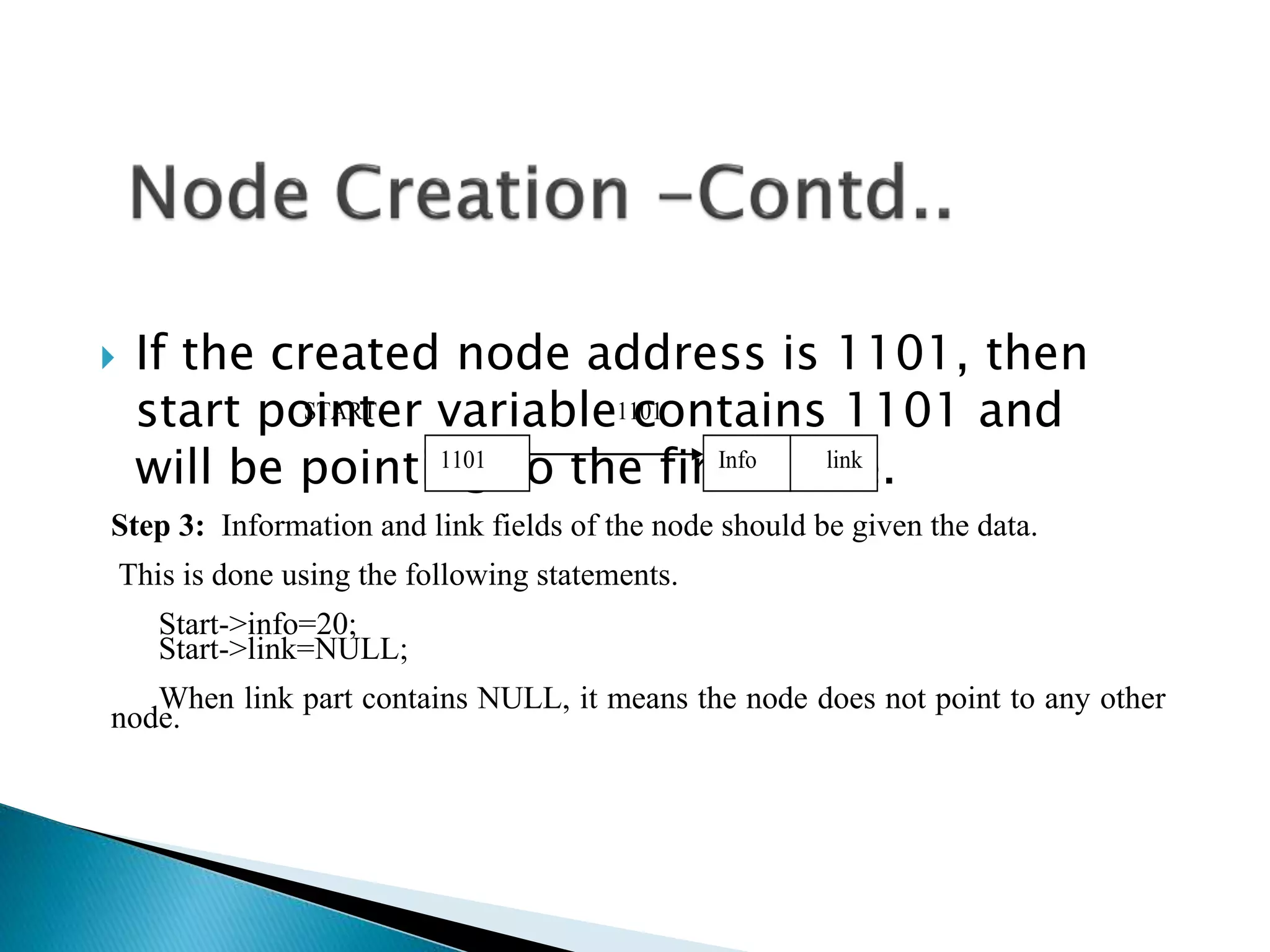  If the created node address is 1101, then start pointer variable contains 1101 and will be pointing to the first node. START 1101 Info link 1101 Step 3: Information and link fields of the node should be given the data. This is done using the following statements. Start->info=20; Start->link=NULL; When link part contains NULL, it means the node does not point to any other node. 