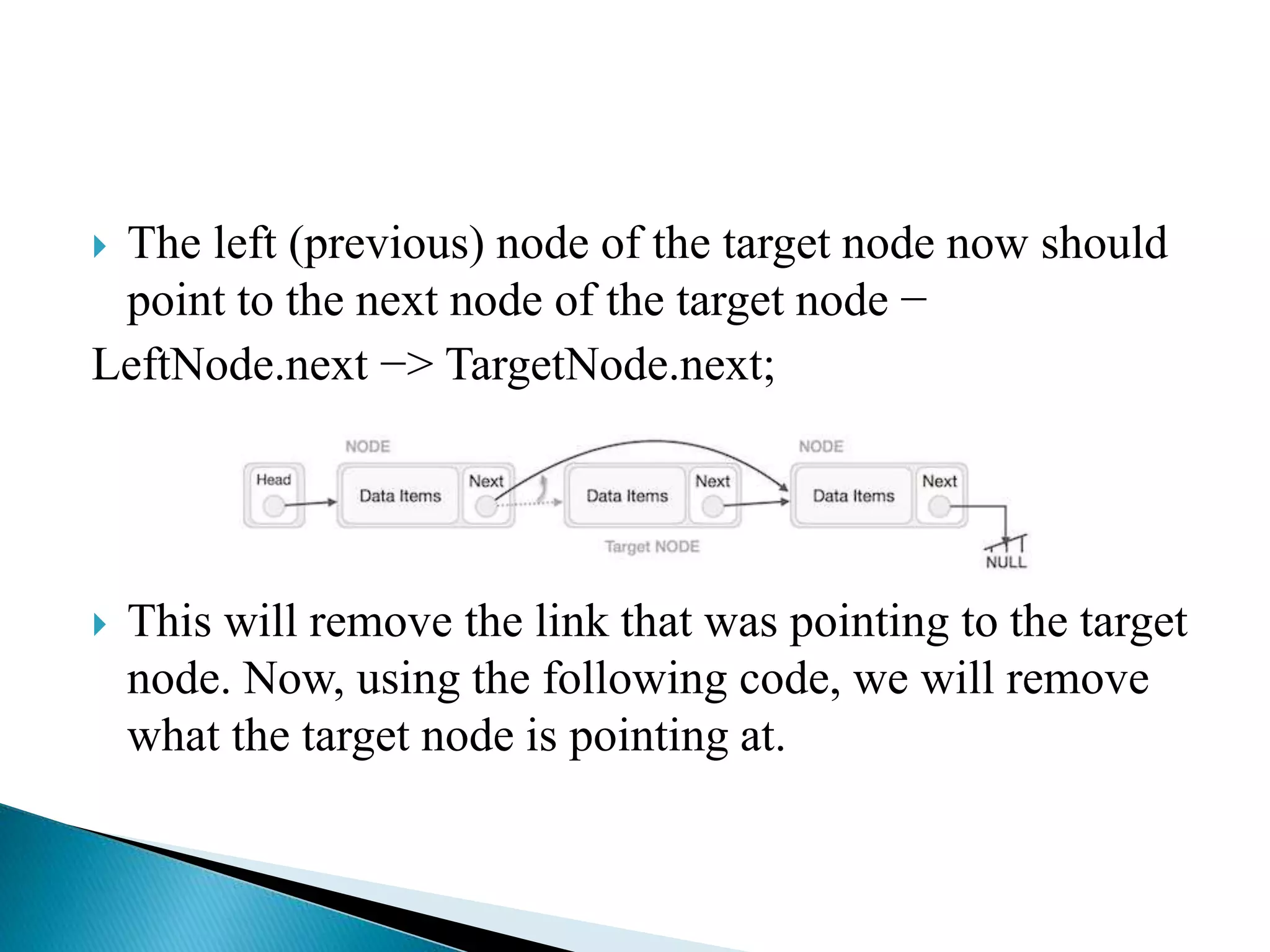  The left (previous) node of the target node now should point to the next node of the target node − LeftNode.next −> TargetNode.next;  This will remove the link that was pointing to the target node. Now, using the following code, we will remove what the target node is pointing at. 