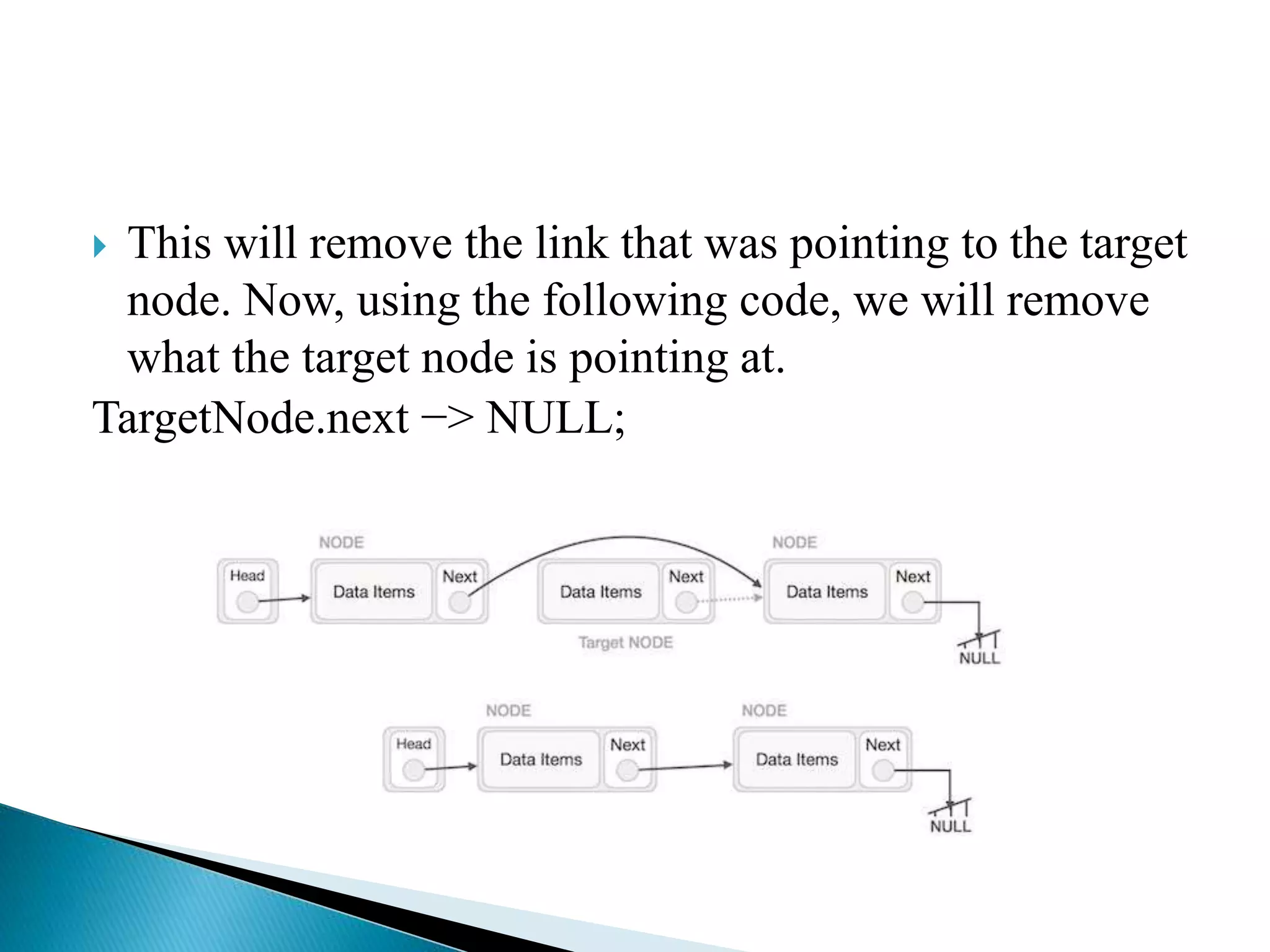  This will remove the link that was pointing to the target node. Now, using the following code, we will remove what the target node is pointing at. TargetNode.next −> NULL; 