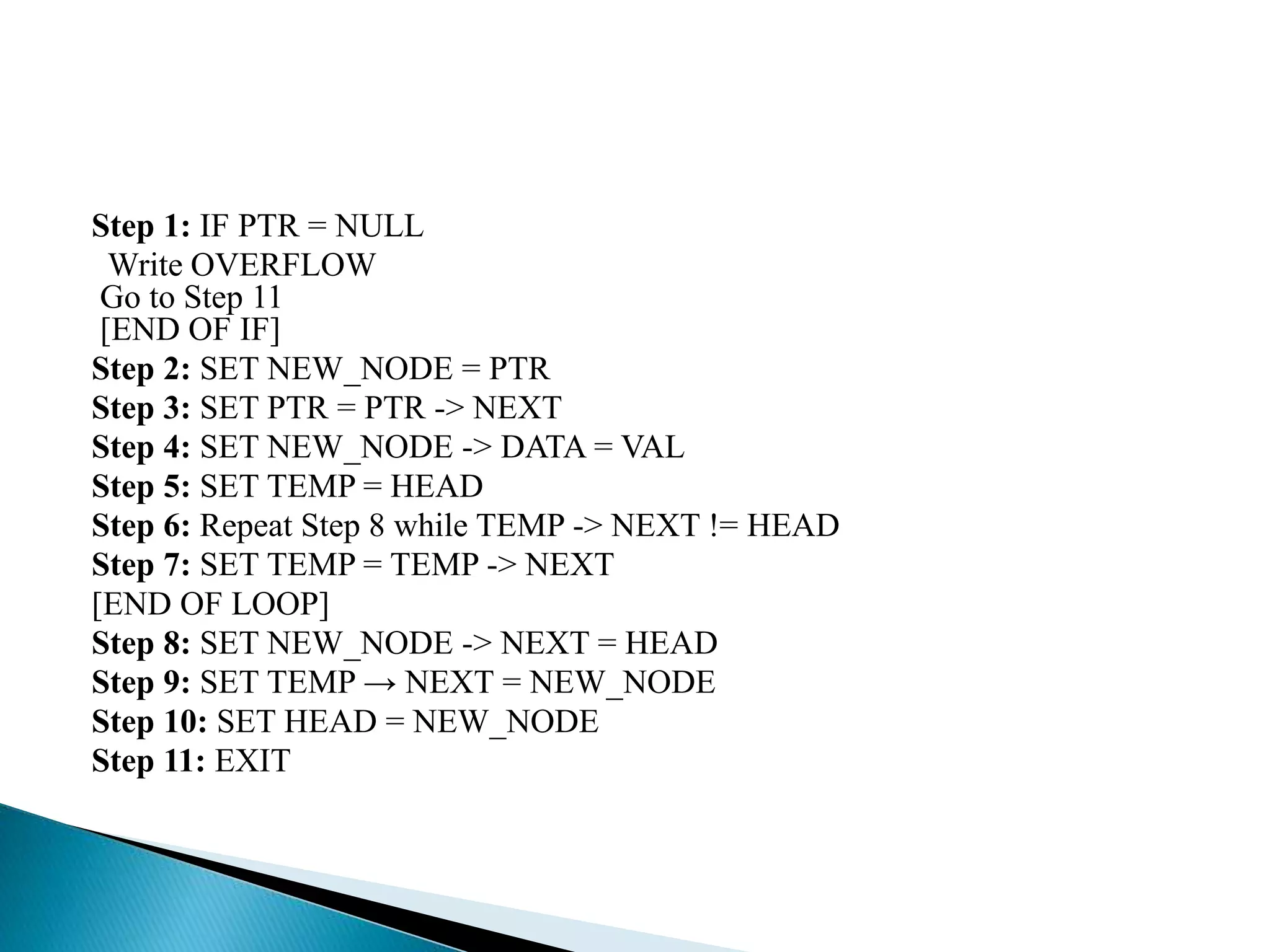 Step 1: IF PTR = NULL Write OVERFLOW Go to Step 11 [END OF IF] Step 2: SET NEW_NODE = PTR Step 3: SET PTR = PTR -> NEXT Step 4: SET NEW_NODE -> DATA = VAL Step 5: SET TEMP = HEAD Step 6: Repeat Step 8 while TEMP -> NEXT != HEAD Step 7: SET TEMP = TEMP -> NEXT [END OF LOOP] Step 8: SET NEW_NODE -> NEXT = HEAD Step 9: SET TEMP → NEXT = NEW_NODE Step 10: SET HEAD = NEW_NODE Step 11: EXIT 