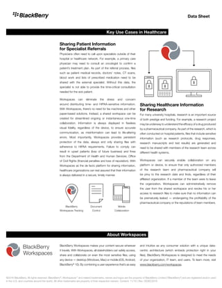 Sharing Patient Information
for Specialist Referrals
Physicians often need to call upon specialists outside of their
hospital or healthcare network. For example, a primary care
physician may need to consult an oncologist to confirm a
patient’s treatment plan. As part of the referral process, files
such as patient medical records, doctors’ notes, CT scans,
blood work and lists of prescribed medication need to be
shared with the external specialist. Without this data, the
specialist is not able to provide the time-critical consultation
needed for the sick patient.
Workspaces can eliminate the stress and concern
around distributing time- and HIPAA-sensitive information.
With Workspaces, there’s no need for fax machines and other
paper-based solutions. Instead, a shared workspace can be
created for streamlined ongoing or instantaneous one-time
collaboration. Information is always displayed in flawless
visual fidelity, regardless of the device, to ensure accurate
communication, as misinformation can lead to life-altering
errors. Most importantly, Workspaces provides persistent
protection of the data, always and only sharing files with
adherence to HIPAA requirements. Failure to comply can
result in upset patients (loss of future business) and fines
from the Department of Health and Human Services, Office
of Civil Rights (financial penalties and loss of reputation). With
Workspaces as the de facto platform for sharing information,
healthcare organizations can rest assured that their information
is always delivered in a secure, timely manner.
Sharing Healthcare Information
for Research
For many university hospitals, research is an important source
of both prestige and funding. For example, a research project
may be underway to understand the efficacy of a drug produced
by a pharmaceutical company. As part of the research, which is
often conducted on hospital patients, files that include sensitive
information (such as research protocols, drug responses,
research manuscripts and test results) are generated and
need to be shared with members of the research team across
different health systems.
Workspaces can securely enable collaboration on any
platform or device, to ensure that only authorized members
of the research team and pharmaceutical company will
be privy to the research date and finds, regardless of their
affiliated organization. If a member of the team were to leave
the organization, Workspaces can administratively remove
the user from the shared workspace and revoke his or her
access to research files to make sure that no information can
be prematurely leaked — endangering the profitability of the
pharmaceutical company or the reputations of team members.
Data Sheet
BlackBerry Workspaces makes your content secure wherever
it travels. With Workspaces, all stakeholders can safely access,
share and collaborate on even the most sensitive files, using
any device — desktop (Windows, Mac) or mobile (iOS, Android,
BlackBerry®
10). By combining a user experience that’s as easy
and intuitive as any consumer solution with a unique data-
centric architecture (which embeds protection right in your
files), BlackBerry Workspaces is designed to meet the needs
of your organization, IT team, and users. To learn more, visit
www.blackberry.com/workspaces.
About Workspaces
©2016 BlackBerry. All rights reserved. BlackBerry®
, Workspaces™
and related trademarks, names and logos are the property of BlackBerry Limited (“BlackBerry”) and are registered and/or used
in the U.S. and countries around the world. All other trademarks are property of their respective owners. Content: 11/16 | Rev. 05DEC2016
BlackBerry
Workspaces Tracking
Document
Control
Mobile
Collaboration
Key Use Cases in Healthcare
 