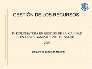 GESTIÓN DE LOS RECURSOS IV DIPLOMATURA EN GESTIÓN DE LA  CALIDAD EN LAS ORGANIZACIONES DE SALUD 2009 Bioquímica Sandra D. Muzietti 