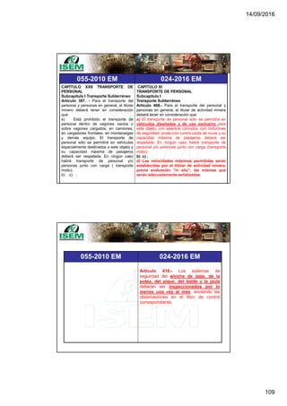 14/09/2016
109
055-2010 EM 024-2016 EM
CAPÍTULO XXII TRANSPORTE DE
PERSONAL
Subcapítulo I Transporte Subterráneo
Artículo 387. - Para el transporte del
personal y personas en general, el titular
minero deberá tener en consideración
que:
a) Está prohibido el transporte de
personal dentro de vagones vacíos o
sobre vagones cargados, en camiones,
en cargadores frontales, en montacargas
y demás equipo. El transporte de
personal sólo se permitirá en vehículos
especialmente destinados a este objeto y
su capacidad máxima de pasajeros
deberá ser respetada. En ningún caso
habrá transporte de personal y/o
personas junto con carga ( transporte
mixto).
b) .c) .
CAPÍTULO XI
TRANSPORTE DE PERSONAL
Subcapítulo I
Transporte Subterráneo
Artículo 408.- Para el transporte del personal y
personas en general, el titular de actividad minera
deberá tener en consideración que:
a) El transporte de personal sólo se permitirá en
vehículos diseñados y de uso exclusivo para
este objeto, con asientos cómodos, con cinturones
de seguridad, protección contra caída de rocas y su
capacidad máxima de pasajeros deberá ser
respetada. En ningún caso habrá transporte de
personal y/o personas junto con carga (transporte
mixto).
b) .c) .
d) Las velocidades máximas permitidas serán
establecidas por el titular de actividad minera,
previa evaluación “in situ”, las mismas que
serán adecuadamente señalizadas.
055-2010 EM 024-2016 EM
Artículo 416.- Los sistemas de
seguridad del winche de izaje, de la
polea, del pique, del balde y la jaula
deberán ser inspeccionados por lo
menos una vez al mes, anotando las
observaciones en el libro de control
correspondiente.
 