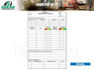 ANEXO N° 7
FECHA HORA
A M B A M B
HORA FIRMA
DATOS DE LOS SUPERVISORES
NOMBRE SUPERVISOR MEDIDA CORRECTIVA
3.-
1.-
DESCRIPCIÓN DEL
PELIGRO
EVALUACIÓN
RIESGO RESIDUAL
SECUENCIA PARA CONTROLAR EL PELIGRO Y REDUCIR EL RIESGO.
Código:
Fecha:
FORMATO IPERC CONTINUO
ANEXO Nº 7
2.-
MEDIDAS DE
CONTROL A
IMPLEMENTAR
RIESGO
EVALUACIÓN
IPER
FECHA, LUGAR Y DATOS DE TRABAJADORES:
Versión:
FIRMA
Página 1 de 1
LOGO
EMPRES
A
NIVEL/ÁREA NOMBRES
IGUAL
 