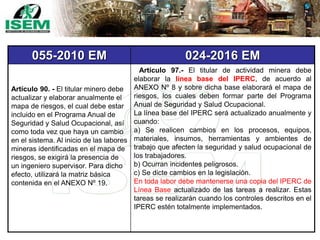 055-2010 EM 024-2016 EM
Artículo 90. - El titular minero debe
actualizar y elaborar anualmente el
mapa de riesgos, el cual debe estar
incluido en el Programa Anual de
Seguridad y Salud Ocupacional, así
como toda vez que haya un cambio
en el sistema. Al inicio de las labores
mineras identificadas en el mapa de
riesgos, se exigirá la presencia de
un ingeniero supervisor. Para dicho
efecto, utilizará la matriz básica
contenida en el ANEXO Nº 19.
Artículo 97.- El titular de actividad minera debe
elaborar la línea base del IPERC, de acuerdo al
ANEXO Nº 8 y sobre dicha base elaborará el mapa de
riesgos, los cuales deben formar parte del Programa
Anual de Seguridad y Salud Ocupacional.
La línea base del IPERC será actualizado anualmente y
cuando:
a) Se realicen cambios en los procesos, equipos,
materiales, insumos, herramientas y ambientes de
trabajo que afecten la seguridad y salud ocupacional de
los trabajadores.
b) Ocurran incidentes peligrosos.
c) Se dicte cambios en la legislación.
En toda labor debe mantenerse una copia del IPERC de
Línea Base actualizado de las tareas a realizar. Estas
tareas se realizarán cuando los controles descritos en el
IPERC estén totalmente implementados.
 