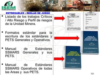 ENTREGABLES : REGLAS DE JUEGO
121
ESTANDARES
PETS
• Listado de los trabajos Críticos
/ Alto Riesgo y Perfil de riesgos
de la Unidad Minera.
• Formatos estándar para la
escritura de los estándares y
PETS Generales y Operativos.
• Manual de Estándares
SSMARS Generales y sus
PETS.
• Manual de Estándares
SSMARS Operativos de todas
las Areas y sus PETS.
 