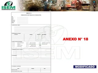 ANEXO N° 18
ÁREA :
LUGAR :
FECHA :
HORA INICIO :
HORA FINAL :
NÚMERO :
1.- DESCRIPCIÓN DEL TRABAJO:
2.- RESPONSABLES DEL TRABAJO:
OCUPACIÓN NOMBRES FIRMA TÉRMINO
3.- EQUIPO DE PROTECCIÓN REQUERIDO
CASCO CON CARRILERA ARNÉS DE SEGURIDAD RESPIRADOR C/GASES, POLVO
MAMELUCO CORREA PARA LÁMPARA PROTECTOR VISUAL
GUANTES DE JEBE MORRAL DE LONA OTROS
BOTAS DE JEBE PROTECTOR DE OIDOS ....................................................
....................................................
4.- HERRAMIENTAS, EQUIPOS Y MATERIAL:
5.- PROCEDIMIENTO:
6.- AUTORIZACIÓN Y SUPERVISIÓN
CARGO NOMBRES FIRMA
ANEXO N° 18
PERMISO ESCRITO PARA TRABAJO DE ALTO RIESGO (PETAR)
FIRMA INICIO
Supervisor del trabajo
Jefe de Área donde se realiza el trabajo
MODIFICADO
 