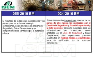 055-2010 EM 024-2016 EM
El resultado de todas estas inspecciones y los
plazos para las subsanaciones y/o
correcciones, serán anotados en el Libro de
Seguridad y Salud Ocupacional y su
cumplimiento será verificado por la autoridad
minera.
El resultado de las inspecciones internas de las
zonas de alto riesgo, las realizadas por el
Comité de Seguridad y Salud Ocupacional y
la Alta Gerencia, así como los plazos para las
subsanaciones y/o correcciones, serán
anotados en el Libro de Seguridad y Salud
Ocupacional; otras inspecciones quedarán
registradas en medios físicos o electrónicos
para su verificación por la autoridad
competente.
 